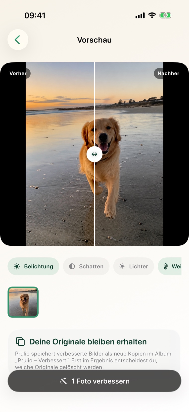 Prulio Bildverbesserung mit Vorher-Nachher-Vergleich